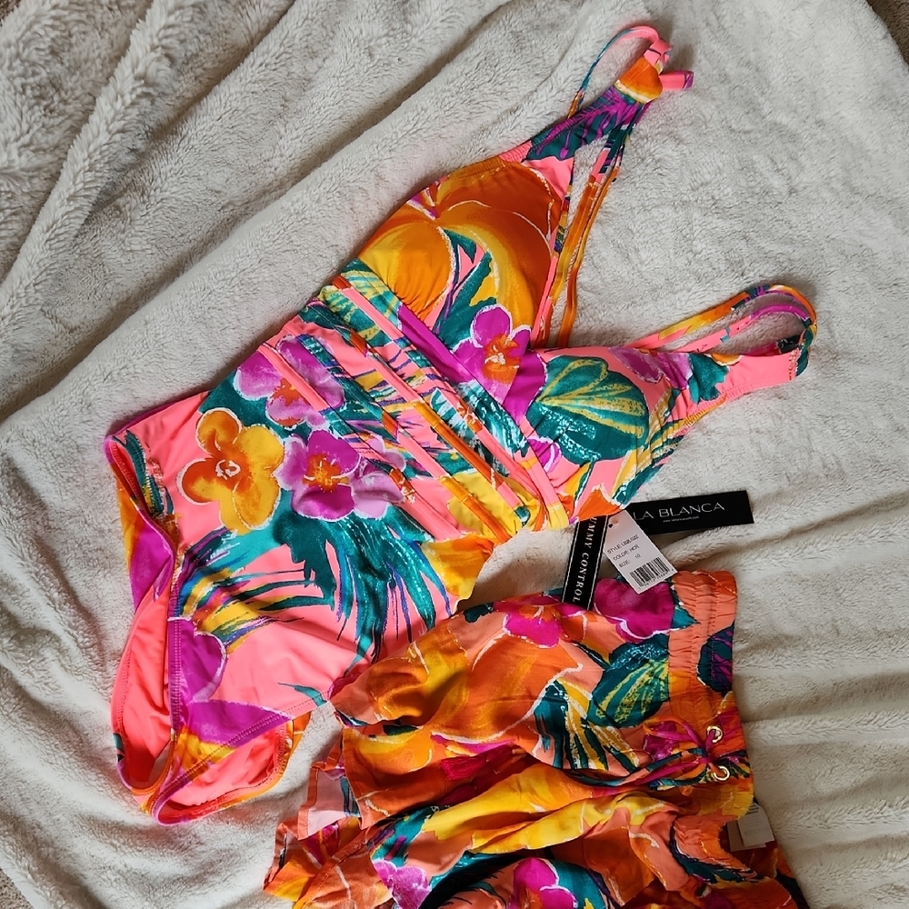 NEW!  la Blanca Floral One Piece Swimsuit - Pink and Orange